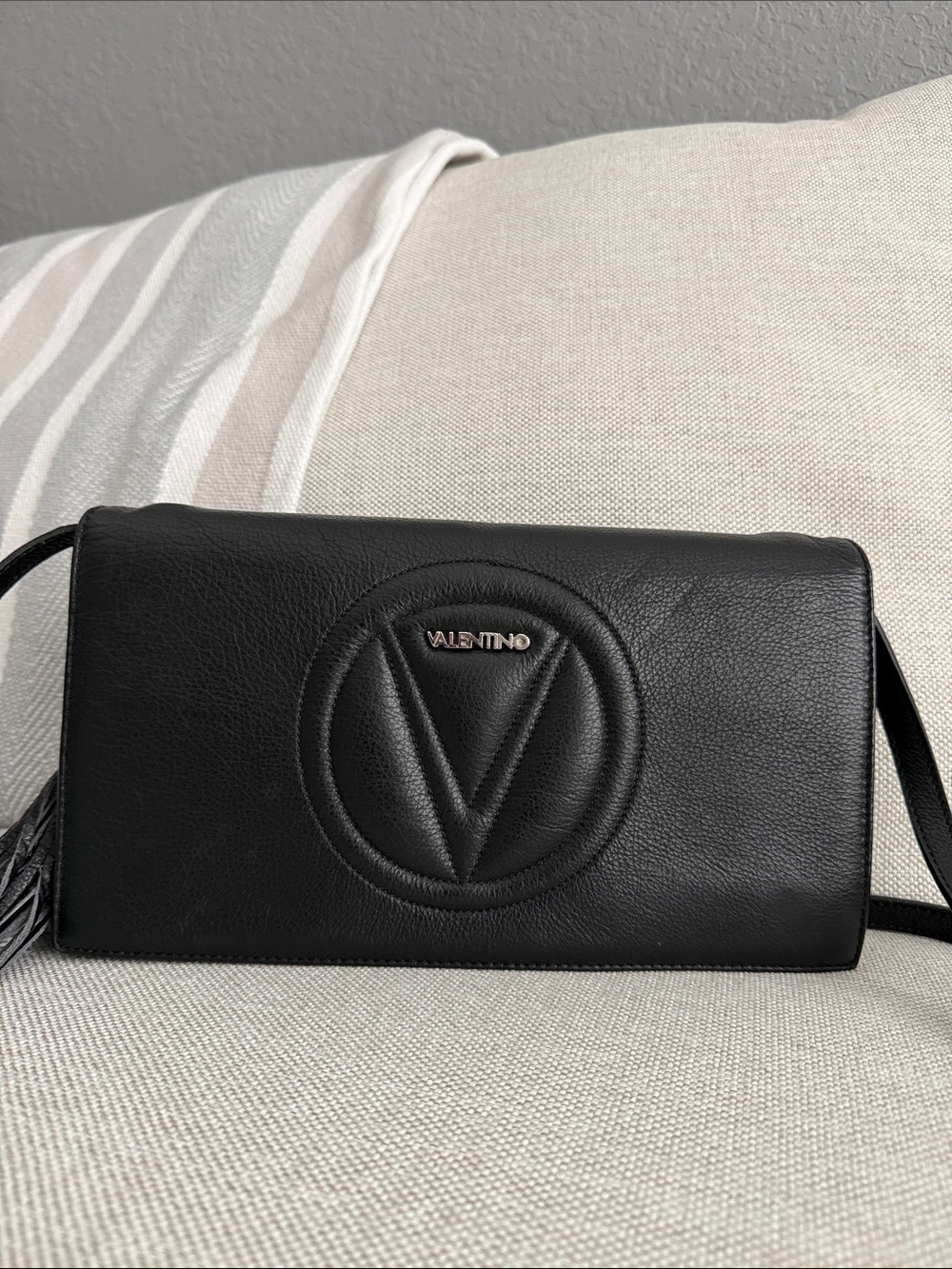 Mario Valentino Black Leather Crossbody with Embossed V Logo